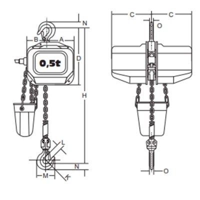 Palan électrique à chaîne Elephant type FAH 400V 3ph dimension 500Kg