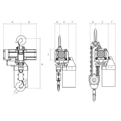 Dimension palan Pneumatique 250 Kg Zone Atex 2