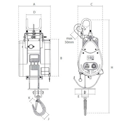 Dimension Treuil de levage électrique 230 V monophasé