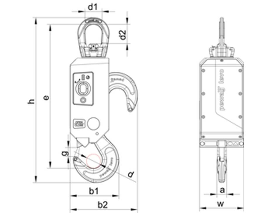 Schéma des dimensions du crochet de levage automatique Pewag Levo Hook