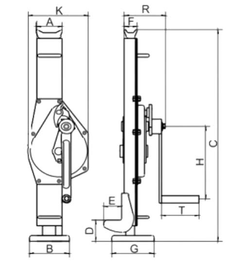 Dimensions cric à crémaillère manuel